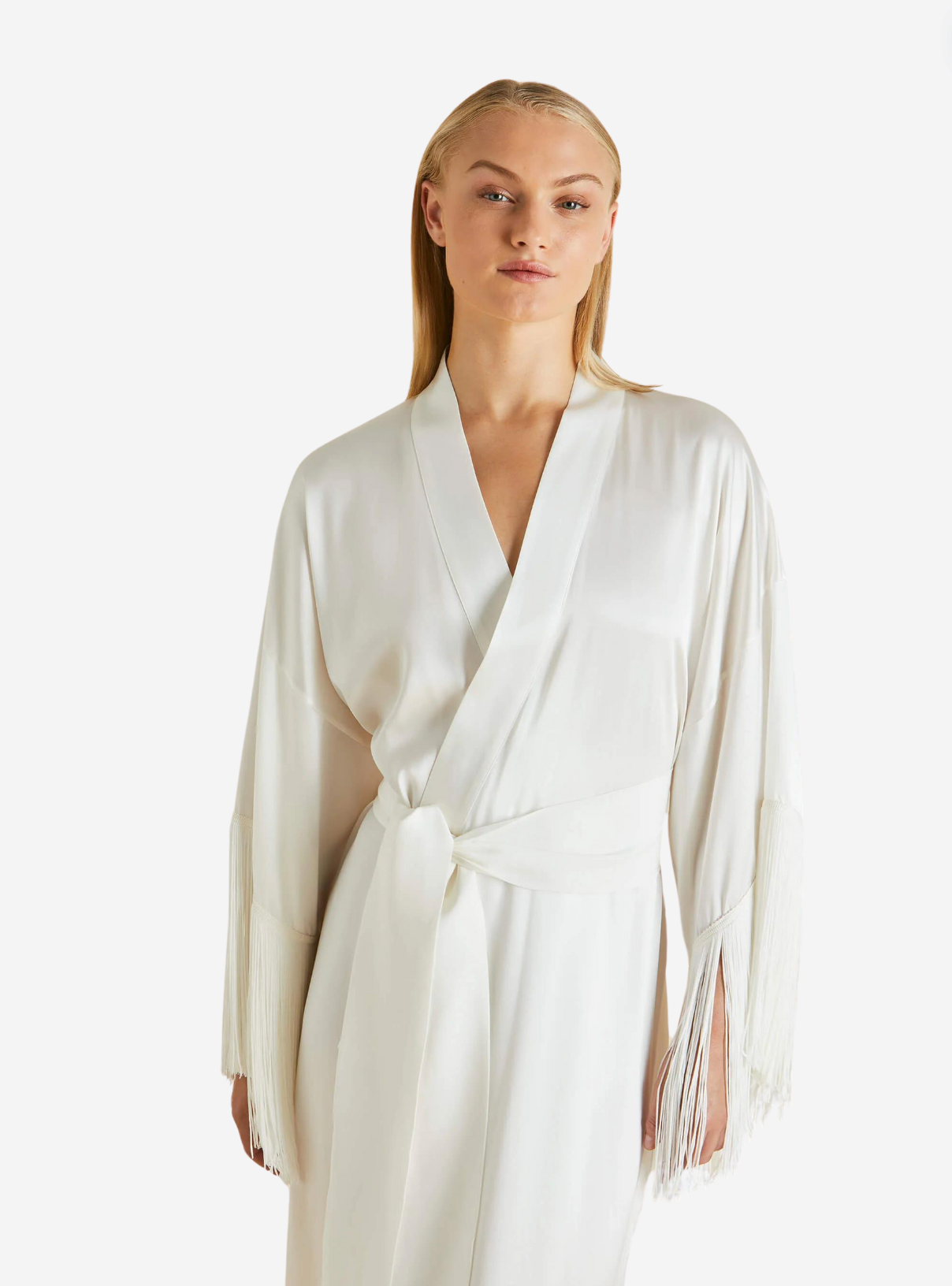 Amina Ivory Fringed Robe in Silk Satin