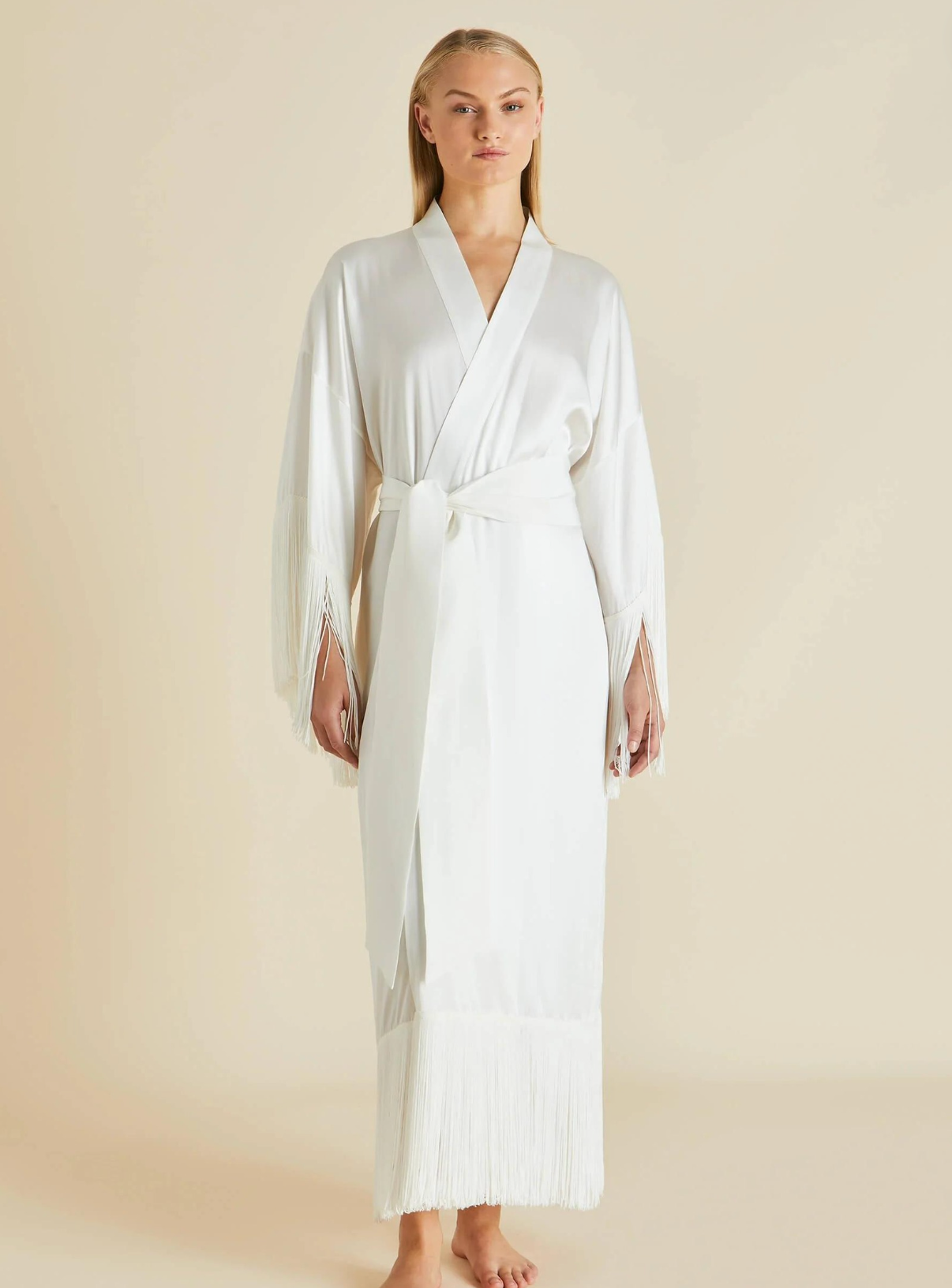 Amina Ivory Fringed Robe in Silk Satin