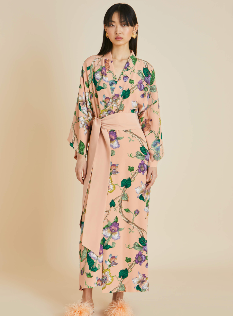 Queenie Andromeda Pink Floran Silk Crêpe De Chine Robe