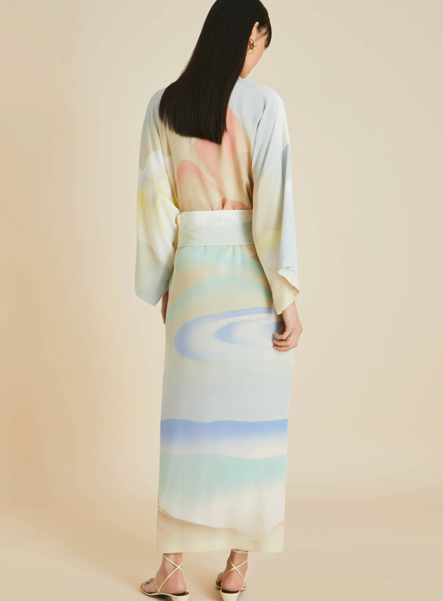 Queenie Ecliptic Blue Landscape Silk Crêpe De Chine Robe