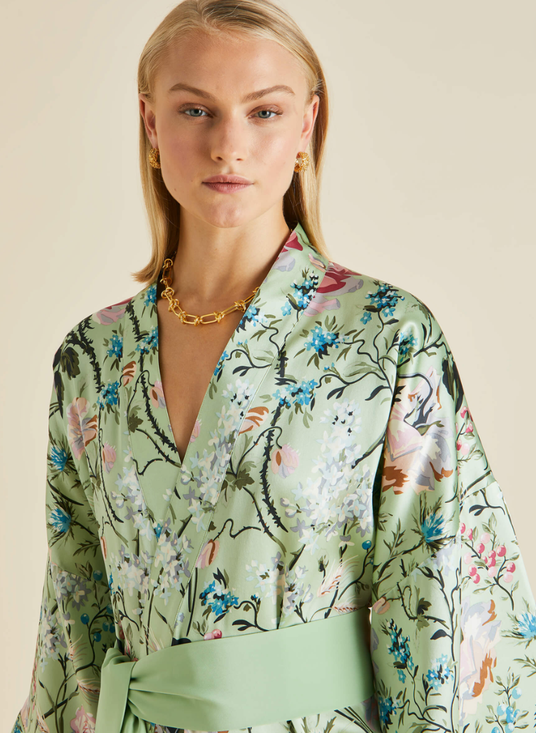 Mimi Effie Green Floral Silk Satin Robe