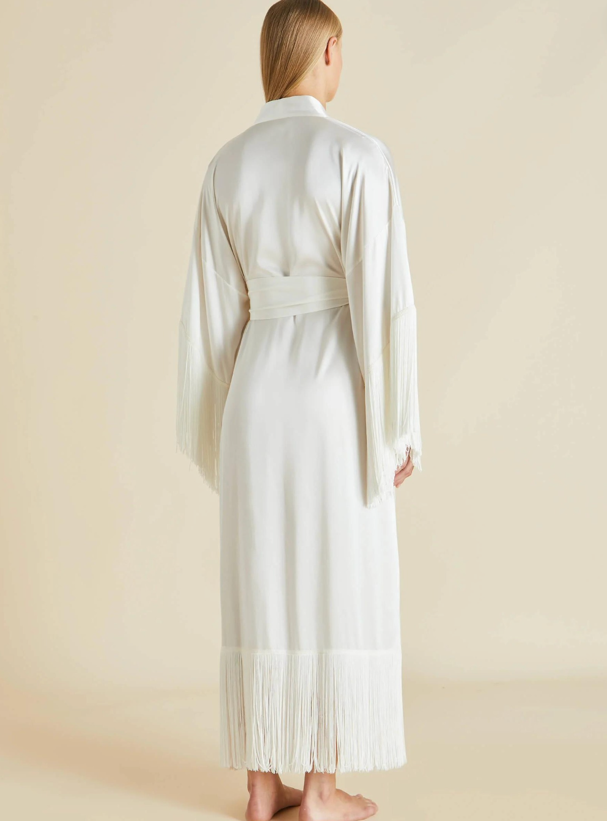 Amina Ivory Fringed Robe in Silk Satin