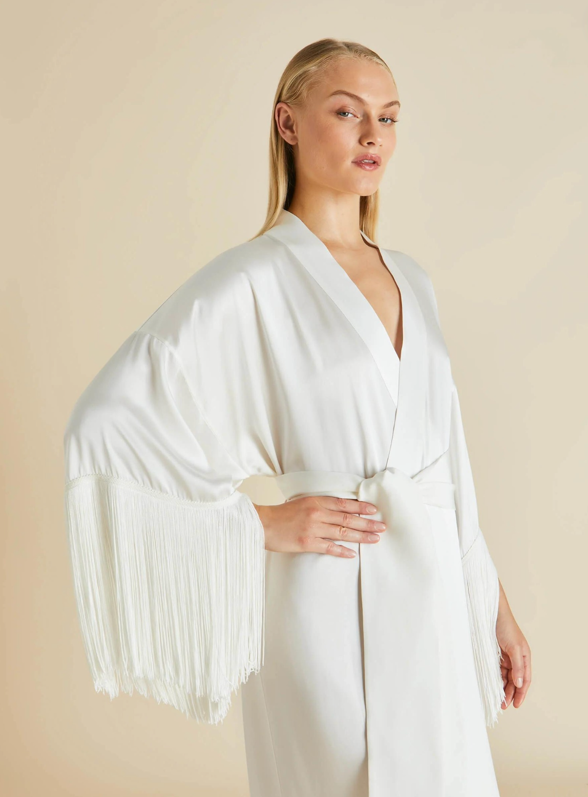 Amina Ivory Fringed Robe in Silk Satin