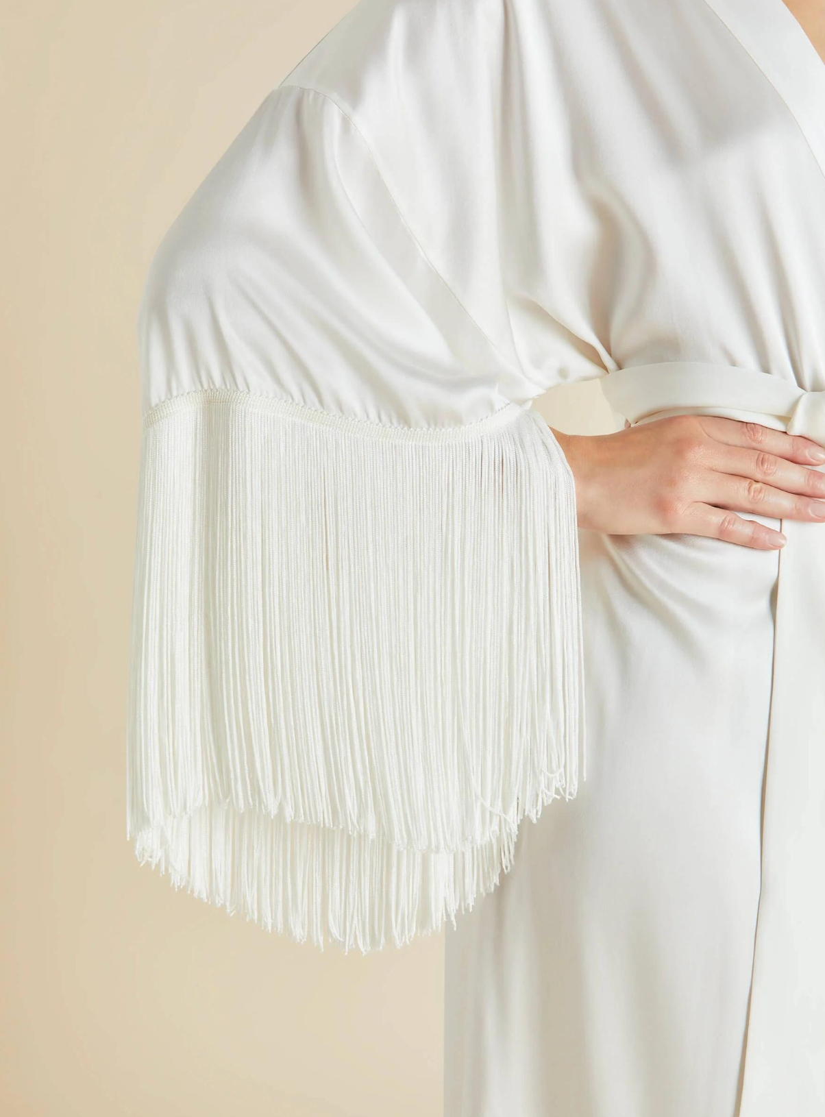 Amina Ivory Fringed Robe in Silk Satin